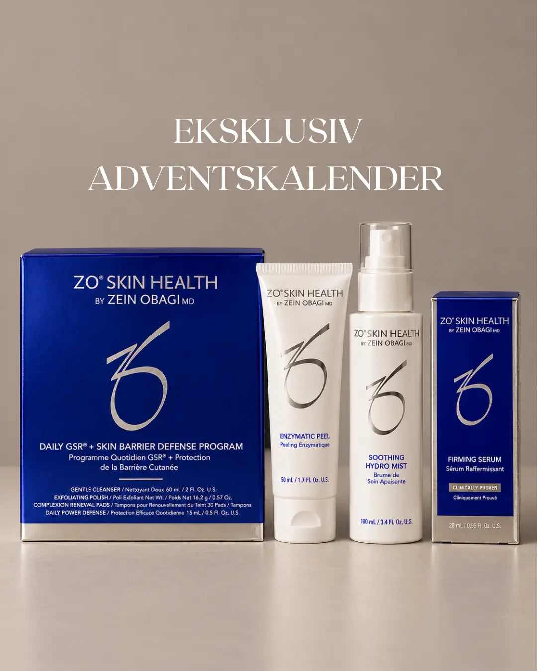 MediSkin Adventskalender Eksklusiv 2026 med ZO Daily GSR + Skin Barrier Defense Program, ZO Enzymatic Peel, ZO Soothing Hydro Mist og ZO Firming Serum