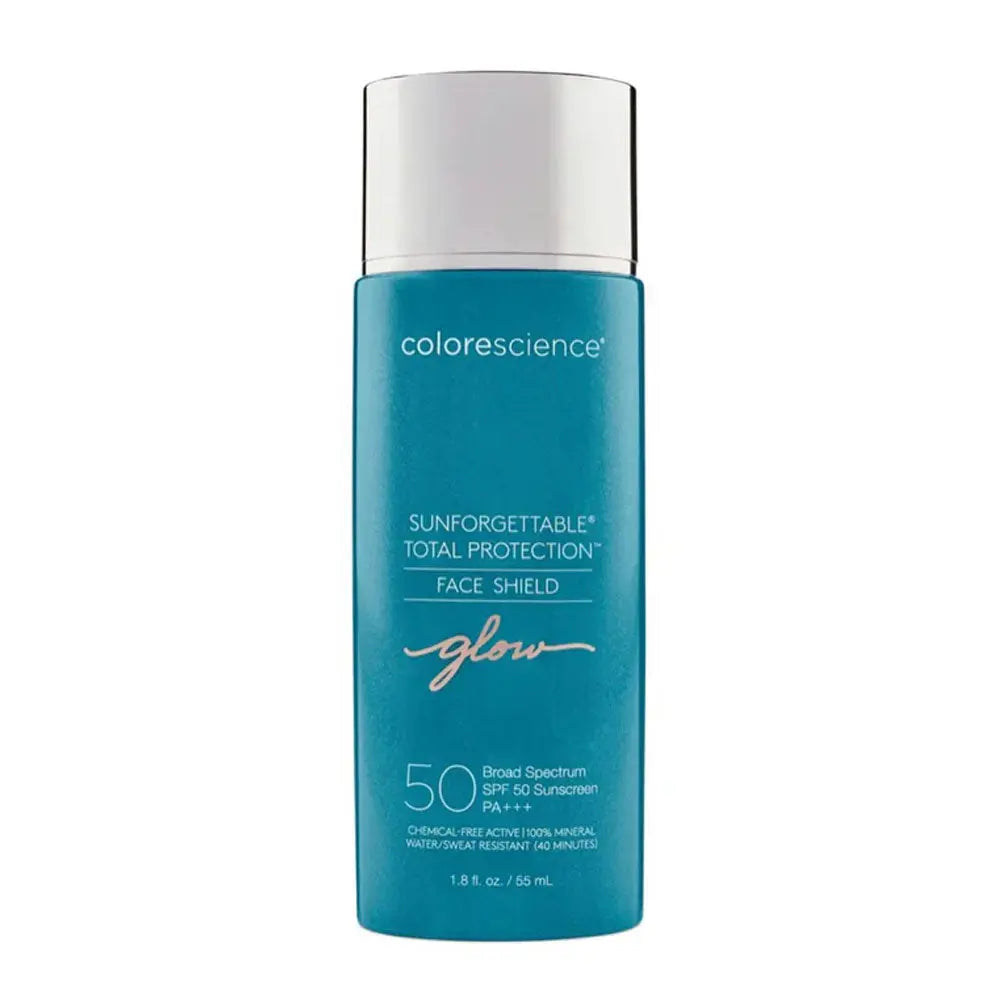 Colorescience Sunforgettable Face Shield Glow SPF 50, 55 ml, i turkis flaske med sølvfarvet låg på hvid baggrund.